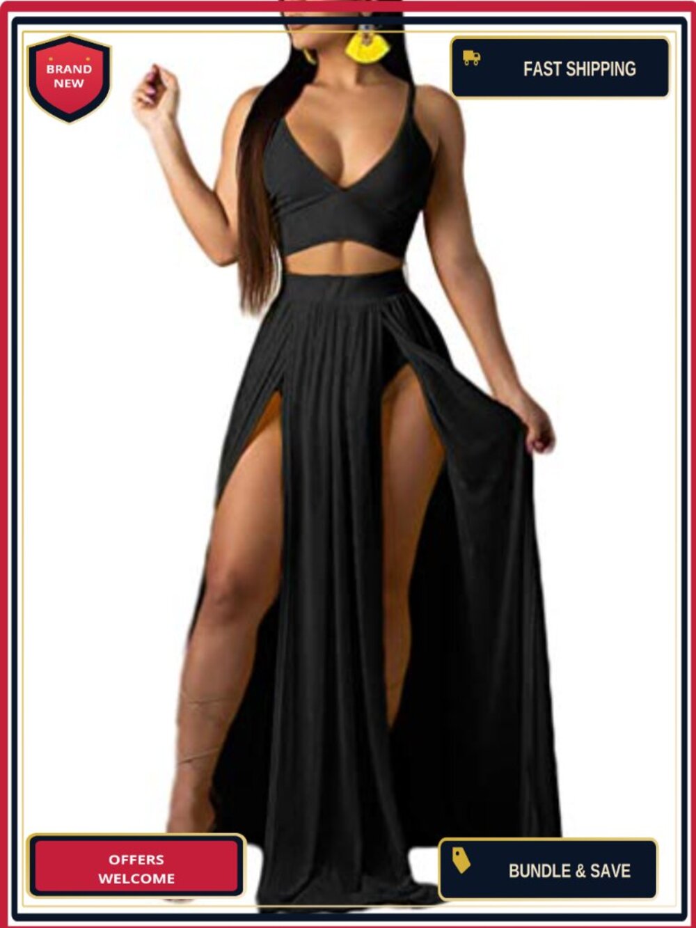 Chiffon 2 Piece Skirt Set Spaghetti Strap Crop Top High Split Maxi Dress